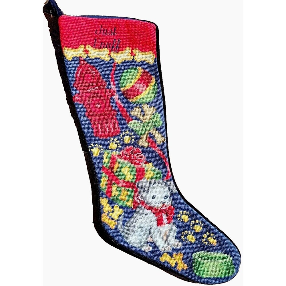 Lands' End Needlepoint Christmas Stocking Dogs Pet Wool Monogram Discontinued C4